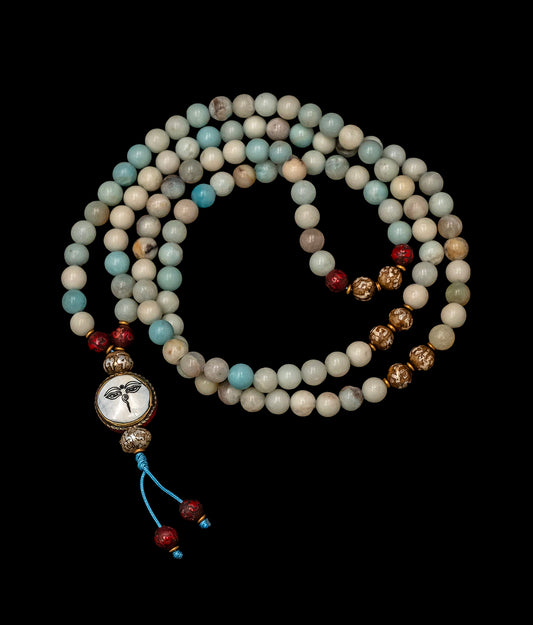 Amazonite Stone Mala with a Mother Of Pearl Stone with Buddha Eye and Conch-Shell spacer Beads - TM013