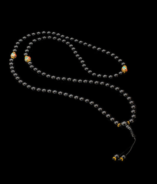 Black Onyx Mala with Inlaid Brass - TM005