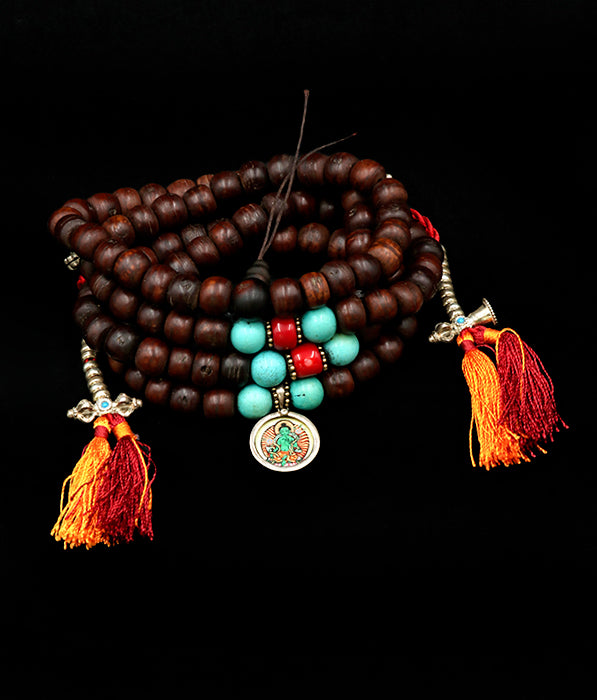 Special Tibetan Bodhi Seed Mala with Coral with Painted Buddha Pendant