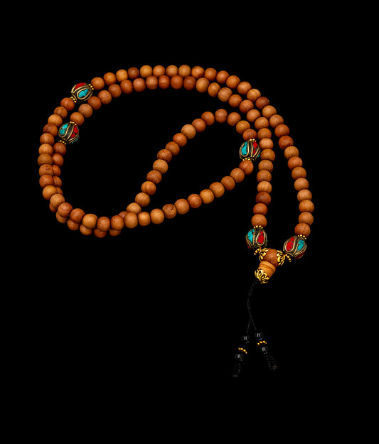Sandalwood Mala with Coral & Turquoise Inlaid Beads - TM011