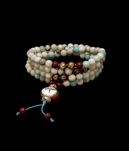 Amazonite Stone Mala with a Mother Of Pearl Stone with Buddha Eye and Conch-Shell spacer Beads - TM013