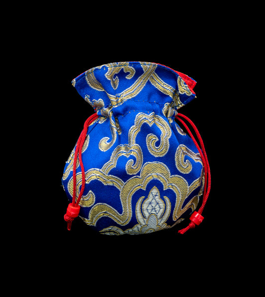 Tibetan Blue Brocade Mala Bag with Red Lining (small) - TMP003