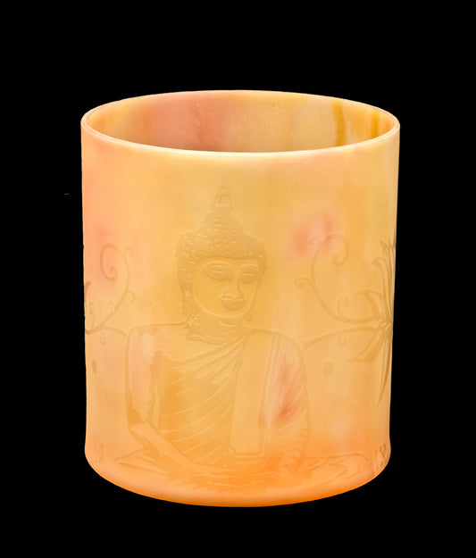 Alchemy Crystal Singing Bowl - Rose Quartz White Alchemy Gold w/ Etched Buddha - G#4 416Hz 6" C16239