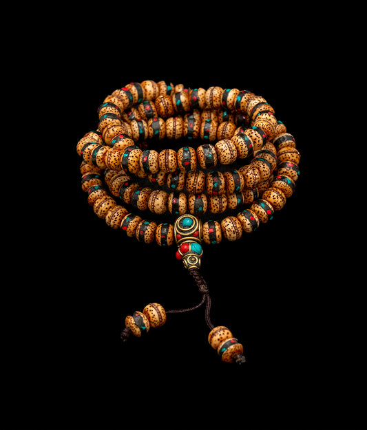 Lotus Seed Mala inlaid with Turquoise, Coral, and Brass