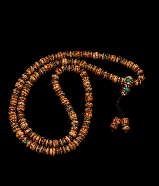 Lotus Seed Mala inlaid with Turquoise, Coral, and Brass