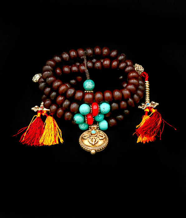 Special Tibetan Bodhi Seed Mala with Coral and Turquoise