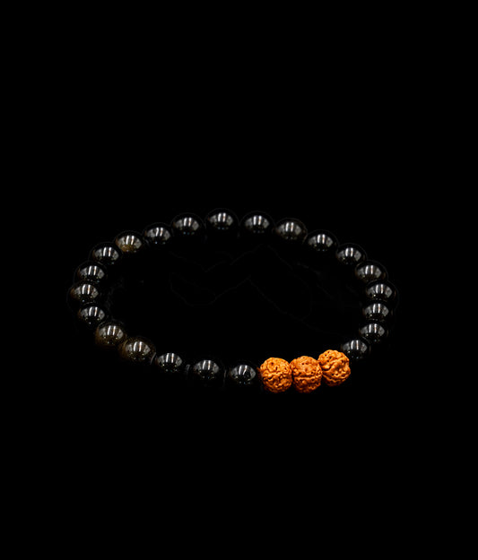 Black Obsidian Stone Wrist Mala with Rudraksha Seed - TWM006
