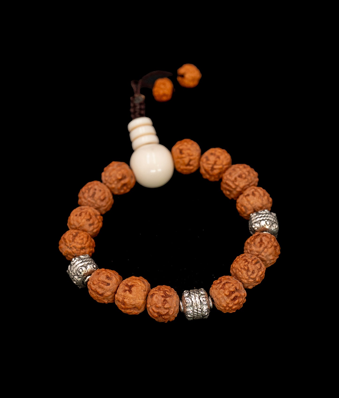 Rudraksha Bead Wrist Mala with White Metal Beads - TWM002